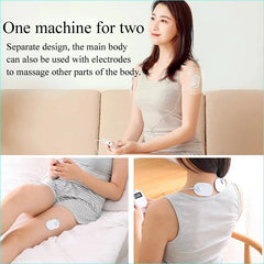 Woman using a foot massager with electrodes on different parts of her body, including chest, legs, and back.