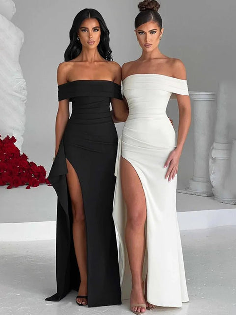 Maxi Dress Women Off-Shoulder Ruffled Thigh High Split Slash Neck Backless Bodycon Elegant Evening Party