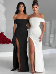 Maxi Dress Women Off-Shoulder Ruffled Thigh High Split Slash Neck Backless Bodycon Elegant Evening Party