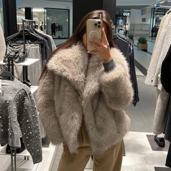 Faux Fur Jacket Women Fox Fur Luxury Oversized Big Collar Fluffy Winter Coat Glamorous Outerwear