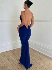 Maxi Dress Women Elegant Chic Backless Sleeveless Slash Neck High Waist Bodycon Party Spring Summer