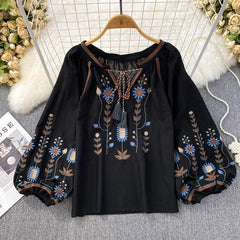 Lantern Sleeve Embroidered Blouse Women O-Neck Loose Fit Casual Elegant Fashion Top