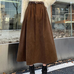 Skirt Women Corduroy A-Line Long Solid Preppy Retro Style Casual Autumn Winter Midi