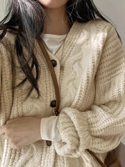Vintage Knit Cardigan Women Solid V-Neck Single Breasted Casual Loose Thick Elegant Winter Fashion
