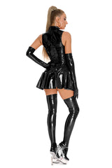 Women's Faux PVC Leather Dress Wet Look Sexy Bodycon Vinyl Latex Sleeveless Mini Dress with Gloves & Stockings