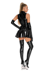 Black PVC Wet Look Bodycon Mini Dress Women 3 Piece Set with Gloves Stockings Front Zipper Sleeveless Clubwear