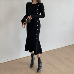 Long Sleeve Knit Midi Dress Women Vintage Side Button Warm Mermaid Bodycon Elegant Winter Fashion