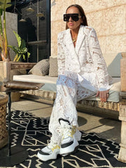 Women's Fashion Chic Lace Pant Suit Casual Lapel Double Breasted Long Sleeve Blazer Wide Leg Pants Hollow Out Outfit 2 Piece Set