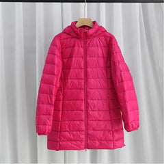 Down Puffer Jacket Women Plus Size Detachable Hood White Duck Down Light Thin Long Warm