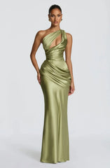 Green Satin One Shoulder Mermaid Maxi Dress Women Ruched Hollow Out Elegant Wedding Guest Prom