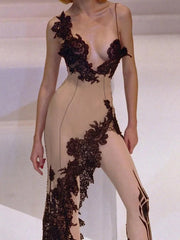 Midi Dress Women High Split Lace Spaghetti Strap Sleeveless Deep V-Neck Elegant Party Long Dress