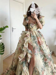 Maxi Dress Women Floral Print Puff Sleeve Elegant Princess French Vintage Long Evening Party Summer