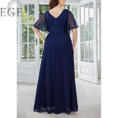 Maxi Dress Women Plus Size Royal Blue Sequin Shiny V-Neck Chiffon Short Sleeve Wedding Party Prom