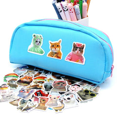 Blue pencil case with cat-themed stickers and pens on a white background
