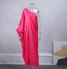 Long Sleeve Layered Ruffle Maxi Dress Women Diagonal Collar Asymmetric Elegant Evening Fashion