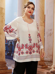 Blouse Women Plus Size O-Neck Long Sleeve Floral Print Casual Loose Oversized Top Shirt Fashion
