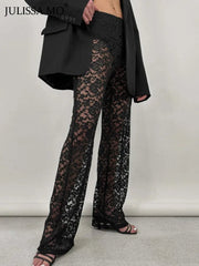 Lace Pants Women High Waist Sheer Wide Leg Baggy Hollow Out Straight Trousers Contemporary Fashion