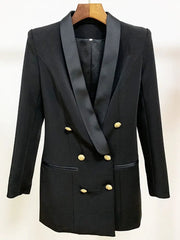 Blazer Women Gold Lion Button Double Breasted Satin Shawl Collar Long Chic Elegant Fashion Jacket