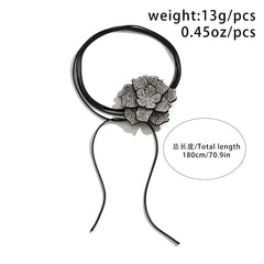 Choker Necklace Women Rhinestone Big Rose Flower Black Leather Wax Rope Adjustable Luxury Chain Gift