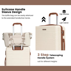 Beige duffle bag with handle sleeve attached to a suitcase, featuring text on handle design and system.