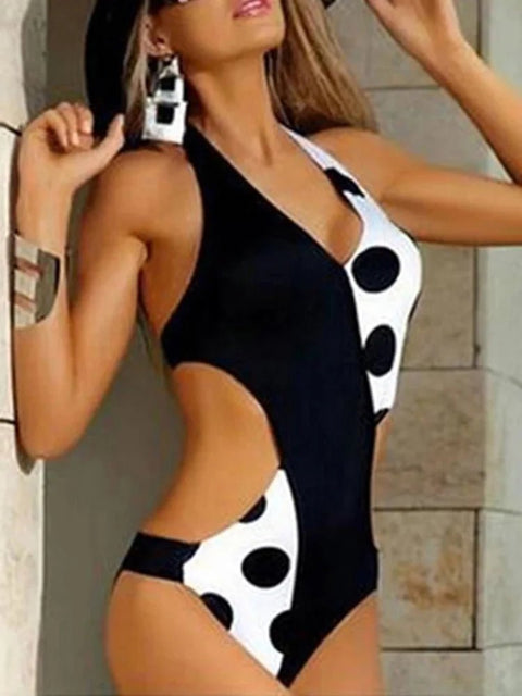 One-Piece Swimsuit Women Polka Dot Patchwork Strap V-Neck Beach Bathing Suit Swimwear Summer