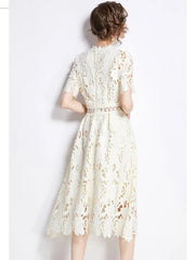 Midi Dress Women High-End Embroidered Lace Hollow Out O-Neck Short Sleeve Elegant Long Party Dress