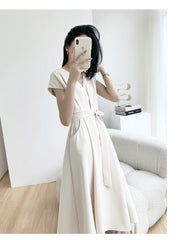 V-Neck A-Line Midi Dress Women French Elegant Belt Casual Wedding Guest Spring Summer Fashion