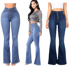 High Waist Flare Jeans Women Skinny Bell Bottom Multi Button Denim Casual Fashion Trousers