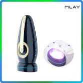 Black and gold epilator device with a close-up inset, branded 'MLAY'.