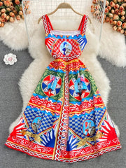 Midi Dress Women Elegant Sleeveless Slash Neck Print A-Line Casual Summer Party Dress