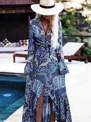 Maxi Dress Women Bohemian Print Wrap Flare Sleeve Split Beach Vintage Casual Summer Fashion Dress