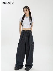 Y2K Wide Leg Cargo Jeans Women Baggy Blue Oversized Hip Hop Vintage Streetwear Casual Fashion