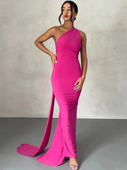 One Shoulder Maxi Dress Women Oblique Backless Strap Sleeveless Ruched Elegant Party Spring Summer