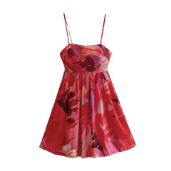 Mini Dress Women Flower Print Slash Collar Ruched Chest Sling Backless Boho Casual Summer Dress
