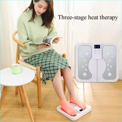Woman using a three-stage heat therapy device on her feet with text overlay.