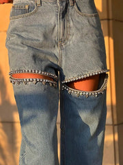 Flare Jeans Women Embroidered High Waist Patchwork Button Hollow Out Distressed Wide Leg Denim