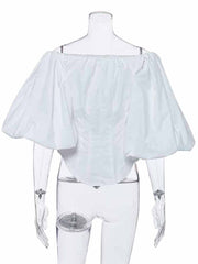 Off Shoulder Puff Long Sleeve Shirt Women Button Casual Elegant Spring Summer Fashion Top