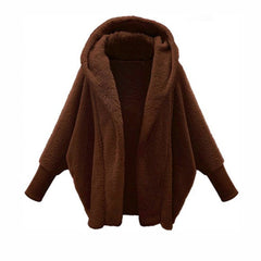 Fleece Hooded Jacket Women Solid Long Sleeve Loose Faux Fur Large Cardigan Warm Winter Outerwear