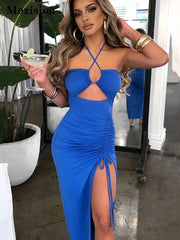 Halter Maxi Dress Women Hollow Out Drawstring Sleeveless Backless High Split Elegant Ruched Party Club