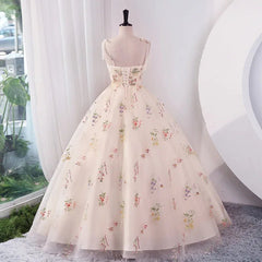 Pink Floral Embroidered Ball Gown Prom Dress Long Lace-Up Back Formal Wedding Guest Evening Gown