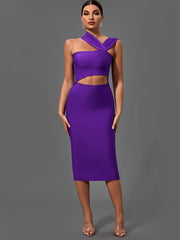 Midi Dress Women Purple Bandage Bodycon Cut Out Waist Halter Neck Stretchy Elegant Club Evening Party