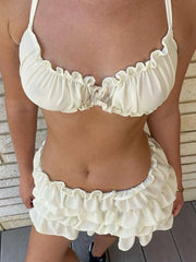 Sexy Ruffles 2-Piece Skirt Set Summer Cropped Camisole Crop Top Pleated Skirt Beach Vacation Matching Set