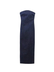 Strapless Backless Denim Maxi Dress Women Blue Zipper Split Frayed Party Casual Fashion Dress