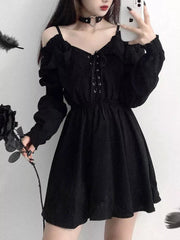 Mini Dress Women Plus Size Gothic Black Off-Shoulder High Waist Long Sleeve V-Neck Vintage Party Dress
