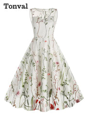 Midi Dress Women Floral Embroidered Mesh Overlay Vintage High Waist Elegant Party Summer Long Dress