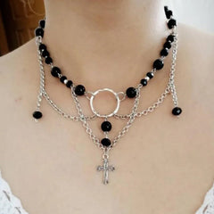 Black Angel Fairy Core Cross Charm Necklace Women Crystal Onyx Choker Fashion Jewelry Gift