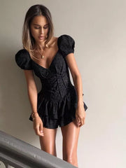 Mini Dress Women V-Neck Ruffled Pleated Puff Short Sleeve Hollow Out Chic Vintage Summer Party Dress