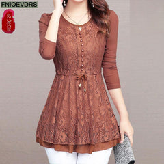 Long Sleeve Tunic Blouse Women Elegant Patchwork Sheer Design Long Top Casual Fashion