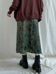 Floral Midi Skirt Women Y2K Vintage Green Grunge Print Casual Spring Summer Fashion Skirt