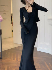 Bodycon Dress & Cardigan Set Women Elegant Strap 2-Piece Party Casual Chic Fashion Outfit